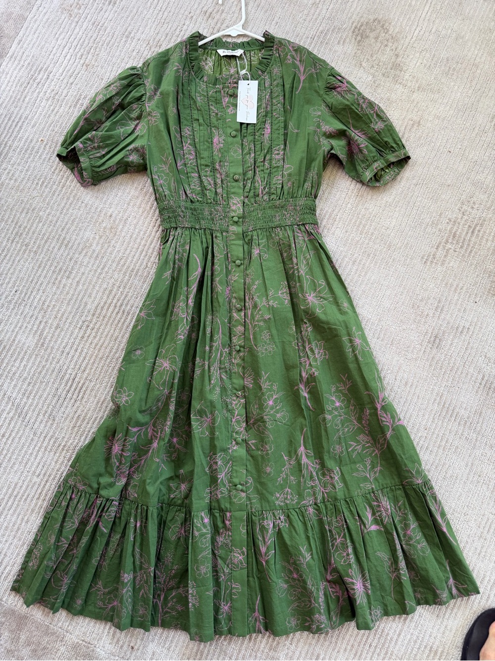 Green Floral Button-Front CottageCore Midi Dress with Smocked Waist. New W Tags